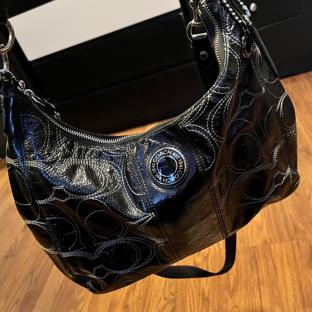 Coach Signature C Stitch Black Patent Leather Large Hobo Bag